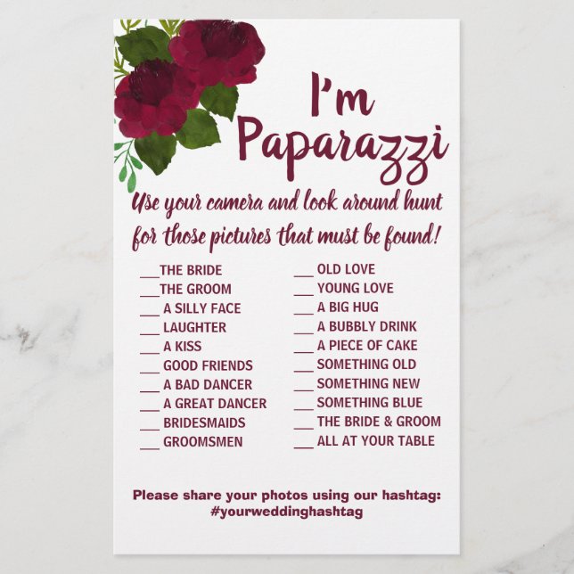 Ich bin Paparazzi Game Card Rote Blume Hochzeit Flyer (Vorne)