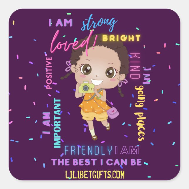 Ich BIN - Positive Black Brown Girl Affirmations Quadratischer Aufkleber (Vorderseite)