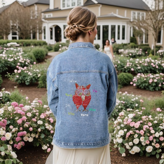 Ich bin sehr weise funky rote Eule Jeansjacke (Hochzeit Rückseite)