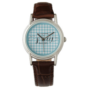 Ich bin Sew Phantastisch Blue Gingham Armbanduhr