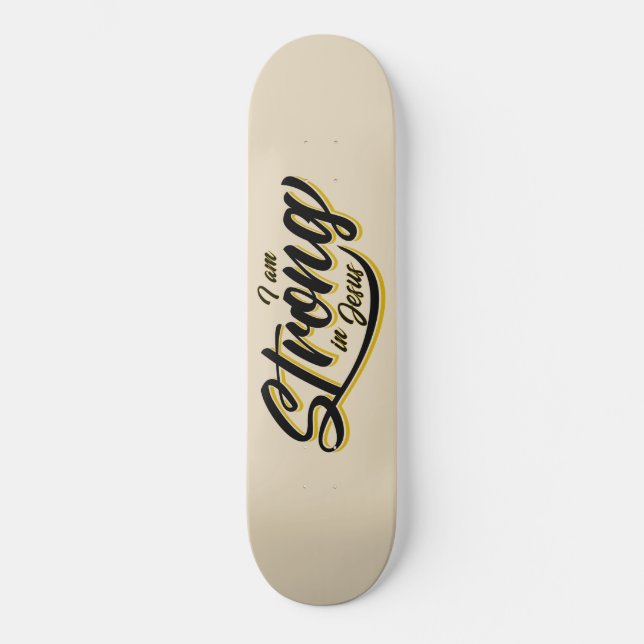 Ich bin stark in Jesus Black und Gold Skateboard (Vorderseite)