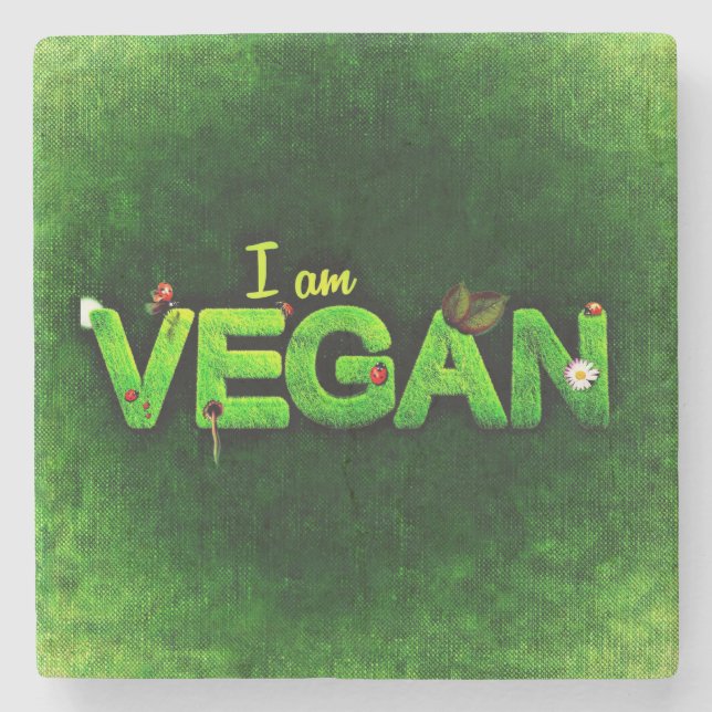Ich bin Vegan mit einer grasbewachsenen Naturstruk Steinuntersetzer (Vorderseite)