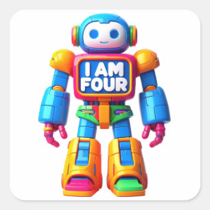 Ich bin vier Robot für Kinder 4. Geburtstag Techni Quadratischer Aufkleber