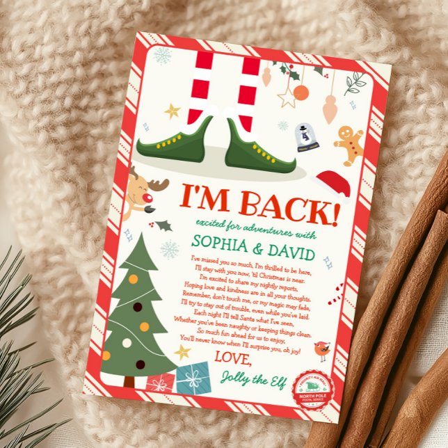 Ich bin zurück Weihnachts-Elf-Rückholbrief-Karte Einladung (I'm Back Christmas Elf Arrival Letter Card)