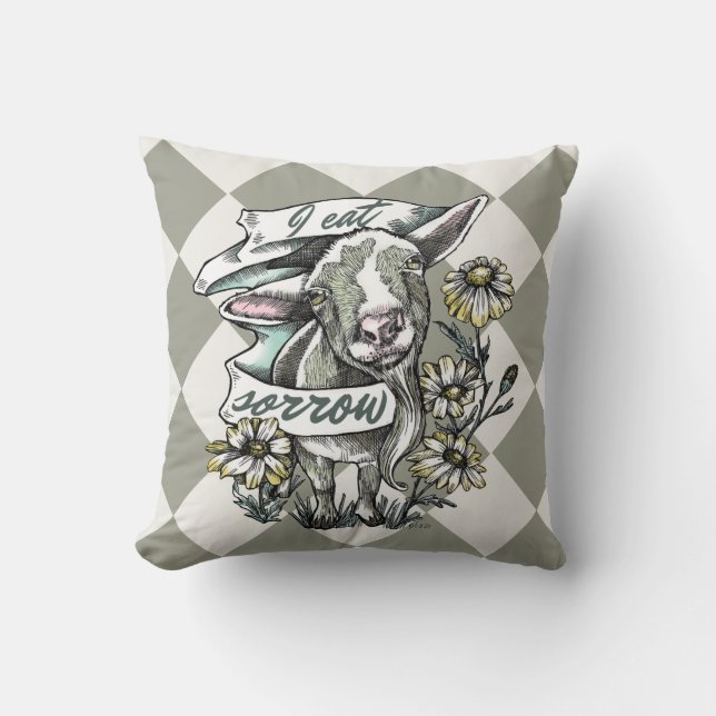 Ich esse Sorrow: Happy Goat and Daisies (Karo) Kissen (Vorderseite)