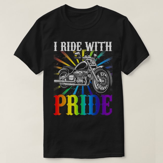 Ich fahre mit Stolz Gay Biker Regenbogenmotorrad-L T-Shirt (Design vorne)
