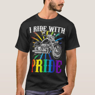 Ich fahre mit Stolz Gay Biker Regenbogenmotorrad-L T-Shirt