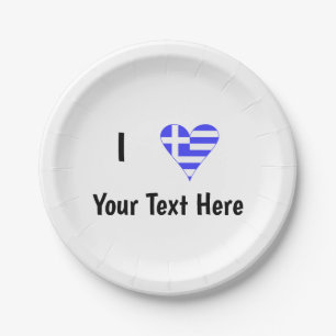 Ich (griechische Flagge Herz) Ihren Text Pappteller