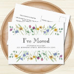 Ich habe die Aquarellfarben-Wildblume verschoben Ankündigungspostkarte<br><div class="desc">Diese botanische "Ich habe bewegte Ansage" Postkarte ist mit zarten Aquarellfarben und Blattwerk in Pastelltönen dekoriert. Einfach mit Ihrer neuen Adresse anpassbar. Der Text auf der Rückseite ist ebenfalls anpassbar oder kann gelöscht werden. Original Wasserfarbe © Michele Davies.</div>