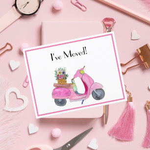 Ich habe mich bewegt! Pink Watercolor Scooter mit  Ankündigungspostkarte