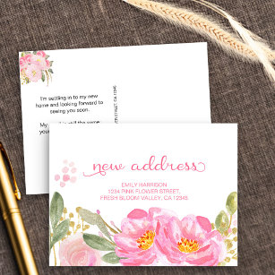 Ich habe Pink Gold Watercolor Floral neue Adresse  Ankündigungspostkarte