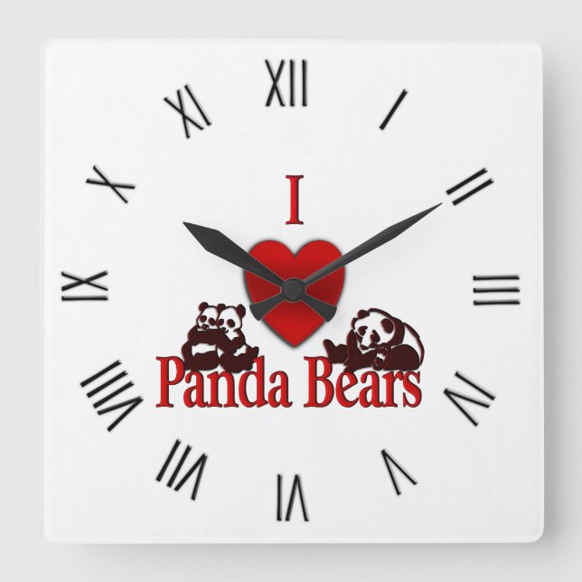 Ich heart Panda Bears Fun Quadratische Wanduhr (Vorderseite)