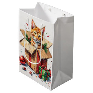 Ich helfe beim Auspacken! Lustige Katze in Weihnac Mittlere Geschenktüte