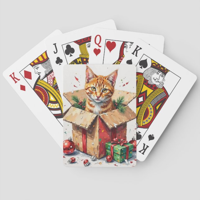 Ich helfe beim Auspacken! Lustige Katze in Weihnac Spielkarten (Rückseite)