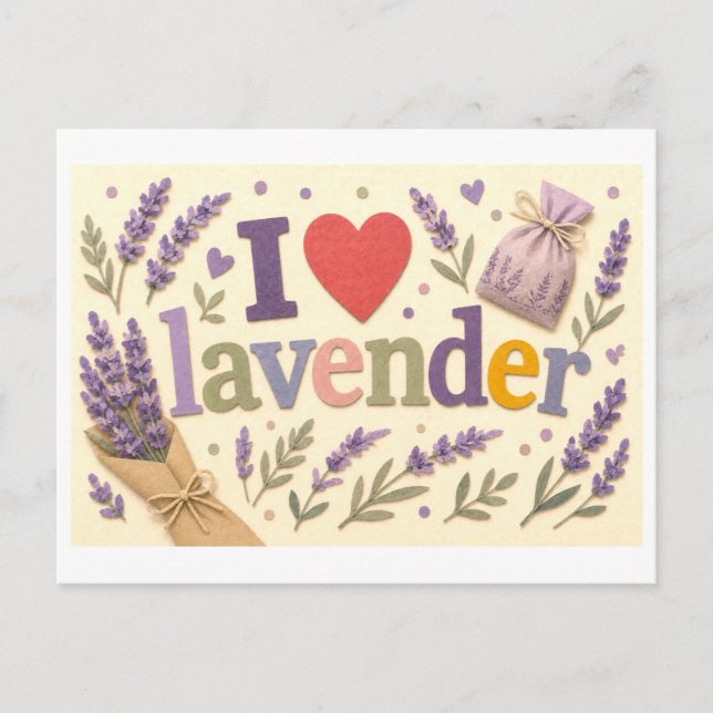 "Ich [Herz] Lavendel" Postkarte (Vorderseite)