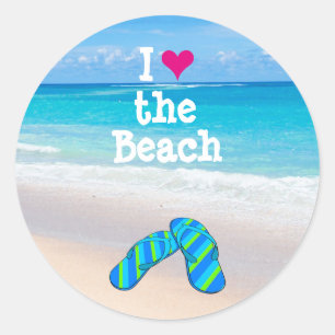 Ich Herz (Liebe) die Beach Flip Flops in den Sand Runder Aufkleber