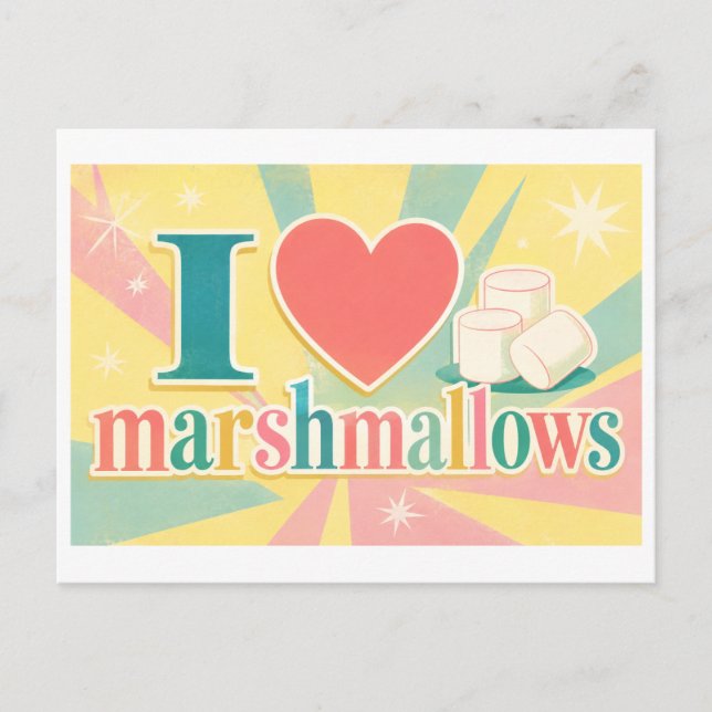 "Ich [Herz] Marshmallows" Postkarte (Vorderseite)