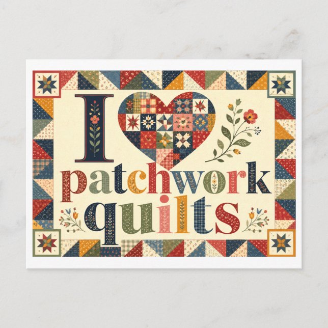 "Ich [Herz] Patchwork-Quilts" Postkarte (Vorderseite)