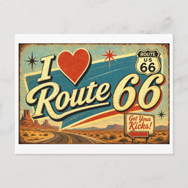 "Ich [Herz] Route 66" Postkarte (Vorderseite)