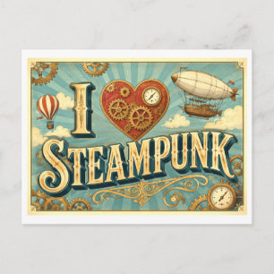 "Ich [Herz] Steampunk" Postkarte
