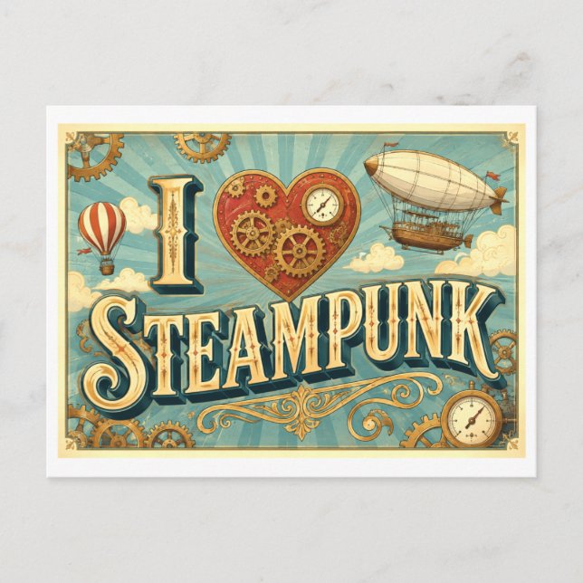 "Ich [Herz] Steampunk" Postkarte (Vorderseite)