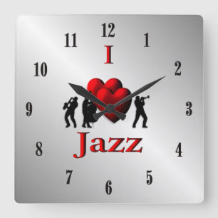 Ich höre Jazzmusik Silver w Black Numbers Quadratische Wanduhr