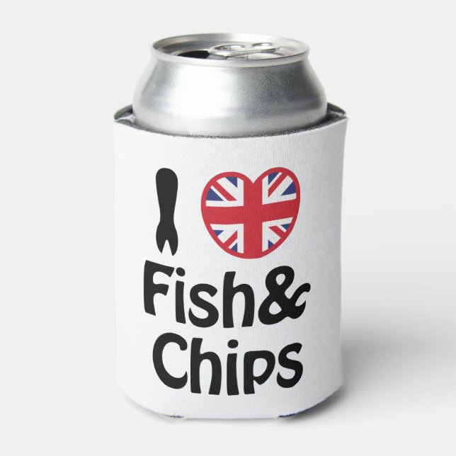 Ich höre [Liebe] Fisch und Chips Dosenkühler (Kanne Vorderseite)