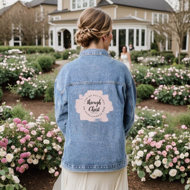 Ich kann alles durch Jesus Rosa Bibelverse tun Jeansjacke (Hochzeit Rückseite)