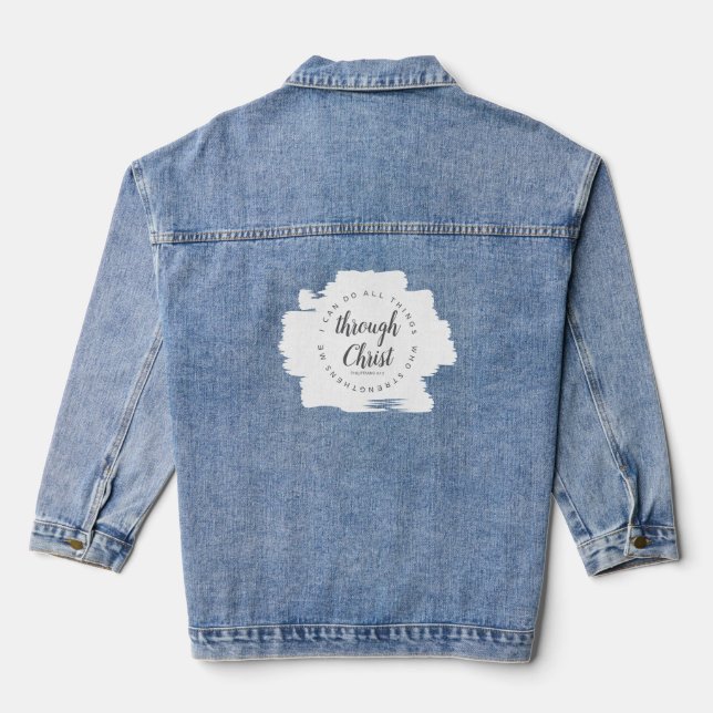 Ich kann alles Graue und Weiße Bibelverse machen Jeansjacke (Rückseite)