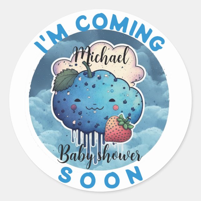 Ich komme bald Funny Blue Strawberry Baby Dusche Runder Aufkleber (Vorderseite)