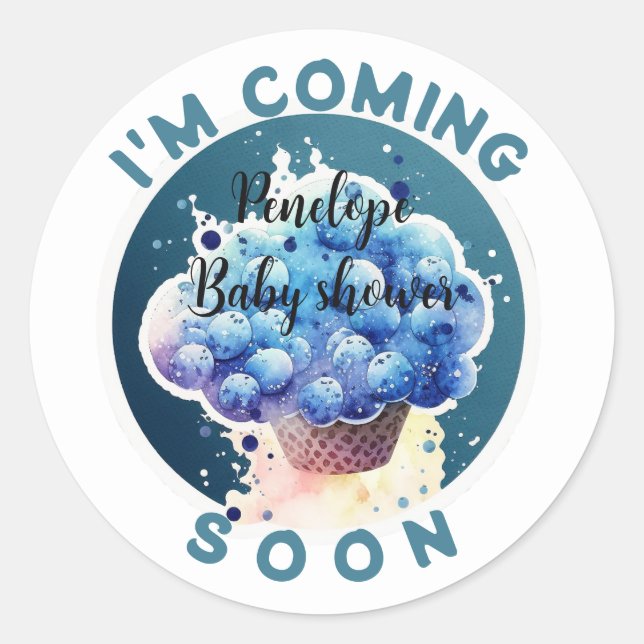 Ich komme bald Funny Blueberry Cake Baby Dusche Runder Aufkleber (Vorderseite)