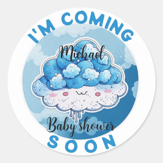 Ich komme bald zur Funny Blueberry Baby Dusche Runder Aufkleber (Vorderseite)