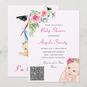 Ich komme jetzt Stork Baby QR Code Dusche Einladun
