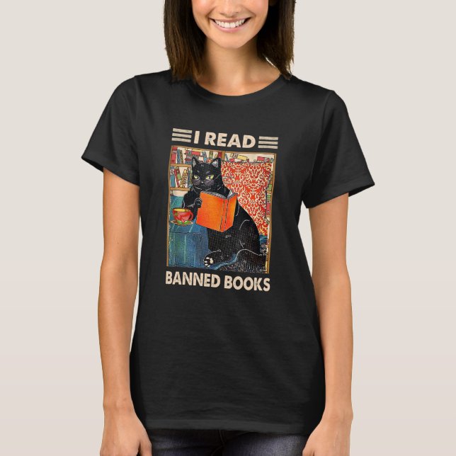 Ich lese Banned Books Black Cat Reader Bookworom T-Shirt (Vorderseite)