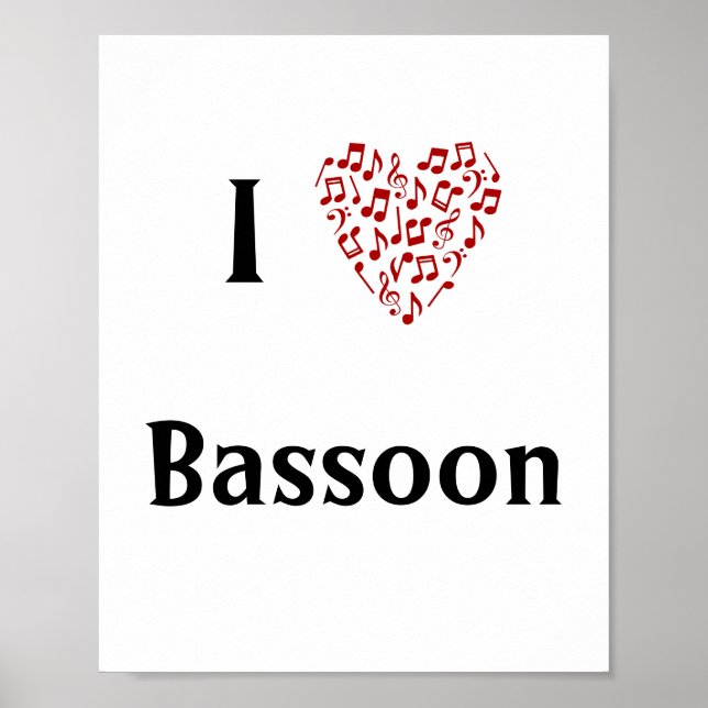 Ich Liebe Bassoon Red Heart of Musiknotens Poster (Vorne)