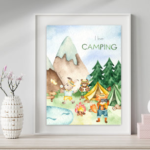 Ich liebe Camping Waldtier Kinder Wasserfarben Poster