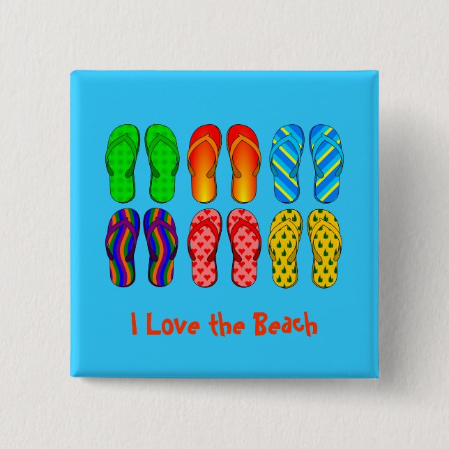 Ich Liebe den Strand - farbenfrohe Flip Flops Button (Vorderseite)