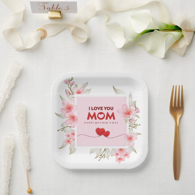 Ich liebe dich, Mama: Elegante rosa florale Mutter Pappteller (Hochzeit)