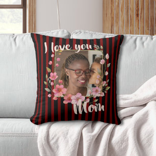 Ich liebe Dich Mama Schwarz Karmesinrot Floral Fot Kissen