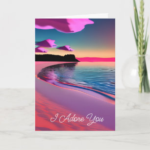 Ich liebe dich   Meereswellen, rosa Sand und Sonne Karte