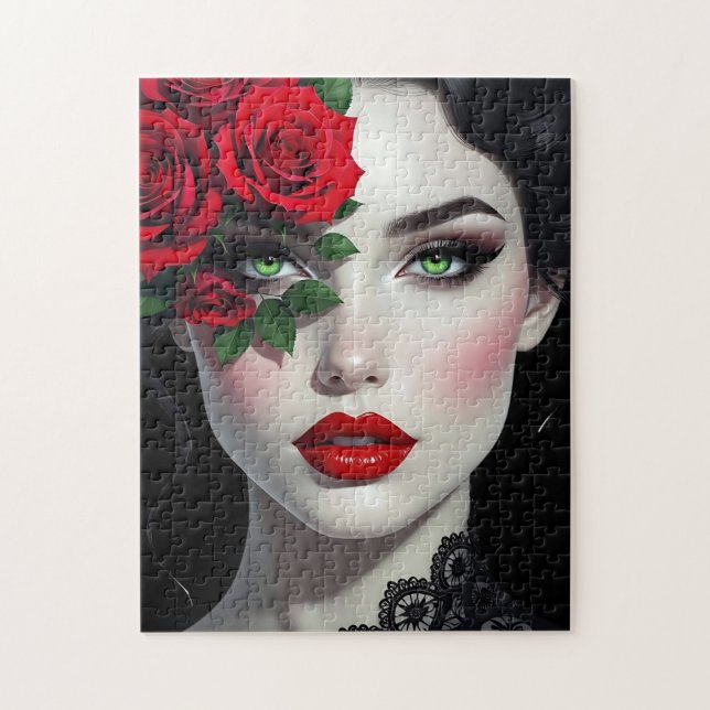 Ich liebe Dich | Schöne Frau mit roter Rose (Vertikal)