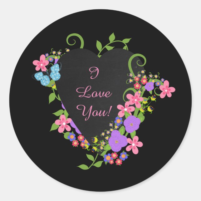 Ich Liebe dich! Schwarzes Herz und Blume Runder Aufkleber (Vorderseite)