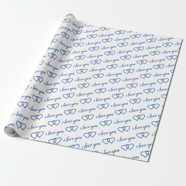 Ich Liebe dir White Blue Heart Pattern Typografie Geschenkpapier (Ungerollt)