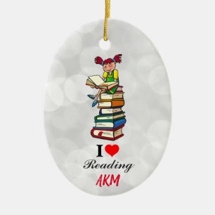 Ich liebe es, Bücher mit Monogramm zu Weihnachten Keramik Ornament