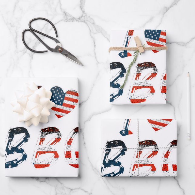Ich Liebe GRILLEN, amerikanisches Patriotismus Geschenkpapier Set (Vorderseite)