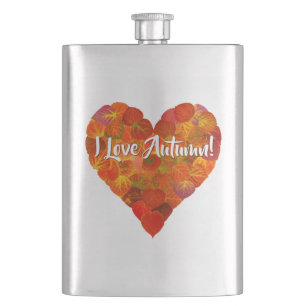 Ich Liebe Herbst!—Red Aspen Leaf Herz 1 Flachmann
