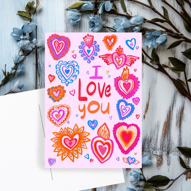 ICH LIEBE IHNEN Valentinfarbene Whimsikherzen Postkarte (I LOVE YOU Valentine Colorful Whimsical HEARTS Postcard
)