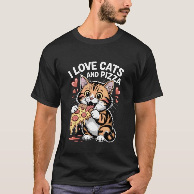Ich liebe Katzen und Pizza lustige Katze T-Shirt (Vorderseite)