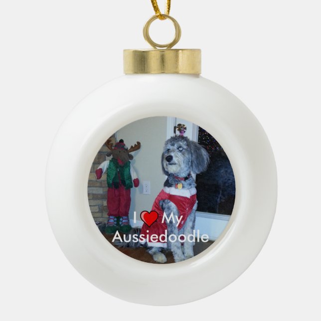 Ich liebe mein Aussiedoodle Keramik Foto Ornament (Vorderseite)