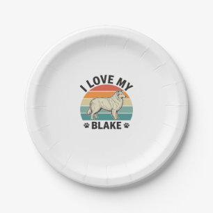 Ich liebe mein Blake-Hund Retro-Gravurdesign_1 Pappteller